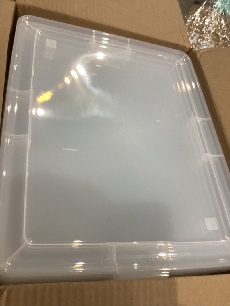 Condition photo showing As Is for IRIS USA 4-Pack Storage Bins with Lids, 25 Quart, Clear Stackable Containers Box Organize Shoes Closet Shelves Clothes Blankets Towels - BPA-Free Plastic 25 Qt. - 4 Pack