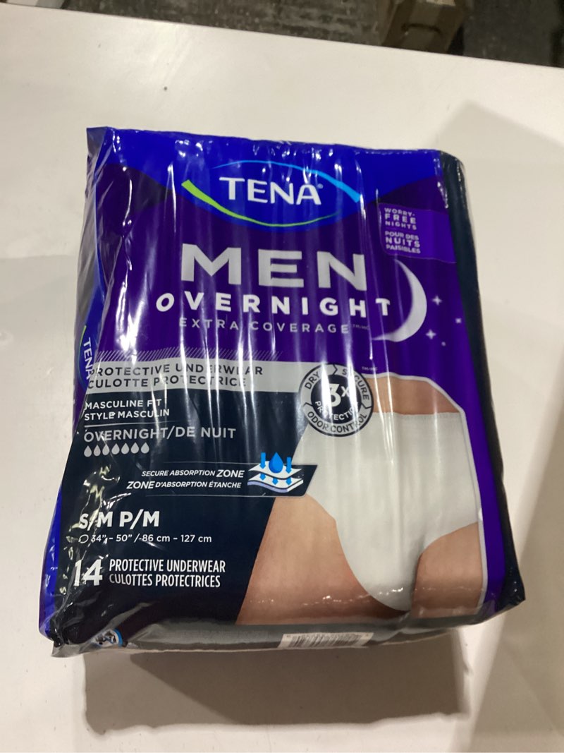 Condition photo showing As Is for tena men overnight extra coverage incontinence underwear, masculine and discreet, s/m, 56 count (waist size 34in-50in) small/medium 56
