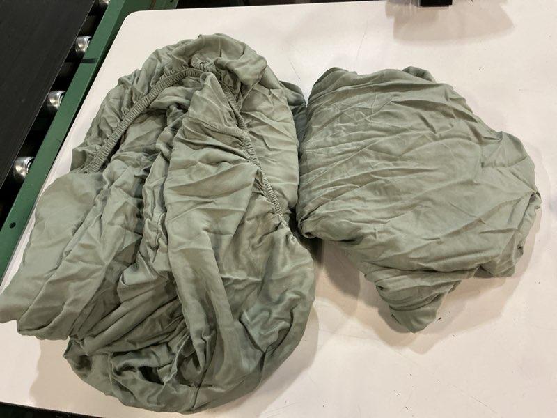 Condition photo showing As Is for ( 3pcs) quince organic crisp percale fitted sheet set king solid dried sage