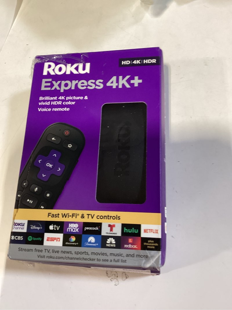 Condition photo showing New/Like New for roku express 4k+ | roku streaming device 4k/hdr with voice remote, free & live tv no size
