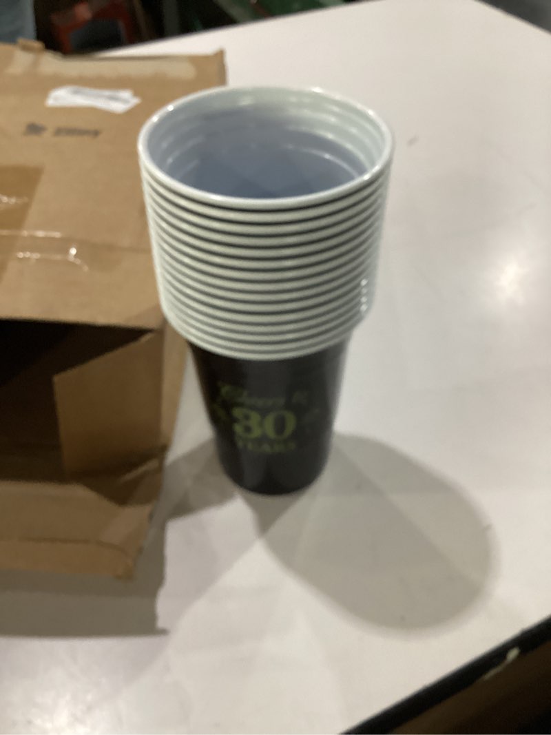 Condition photo showing As Is for 35 Pcs 30th Birthday Cups Bulk, Cheers to 30 Years 16 oz Disposable Plastic Cups for Men Women 30th Birthday Wedding Anniversary Party Favors Decoration Black Gold Hot Cold Drinks Supplies