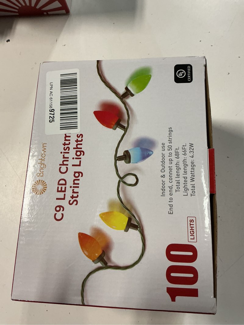 Condition photo showing New/Like New for brightown c9 led christmas string lights, 66ft multi-color outdoor light string with 100 smooth opaque bulbs, plug-in vintage roofline lights string for outside patio christmas holiday decor opaque multicolor 1 pack