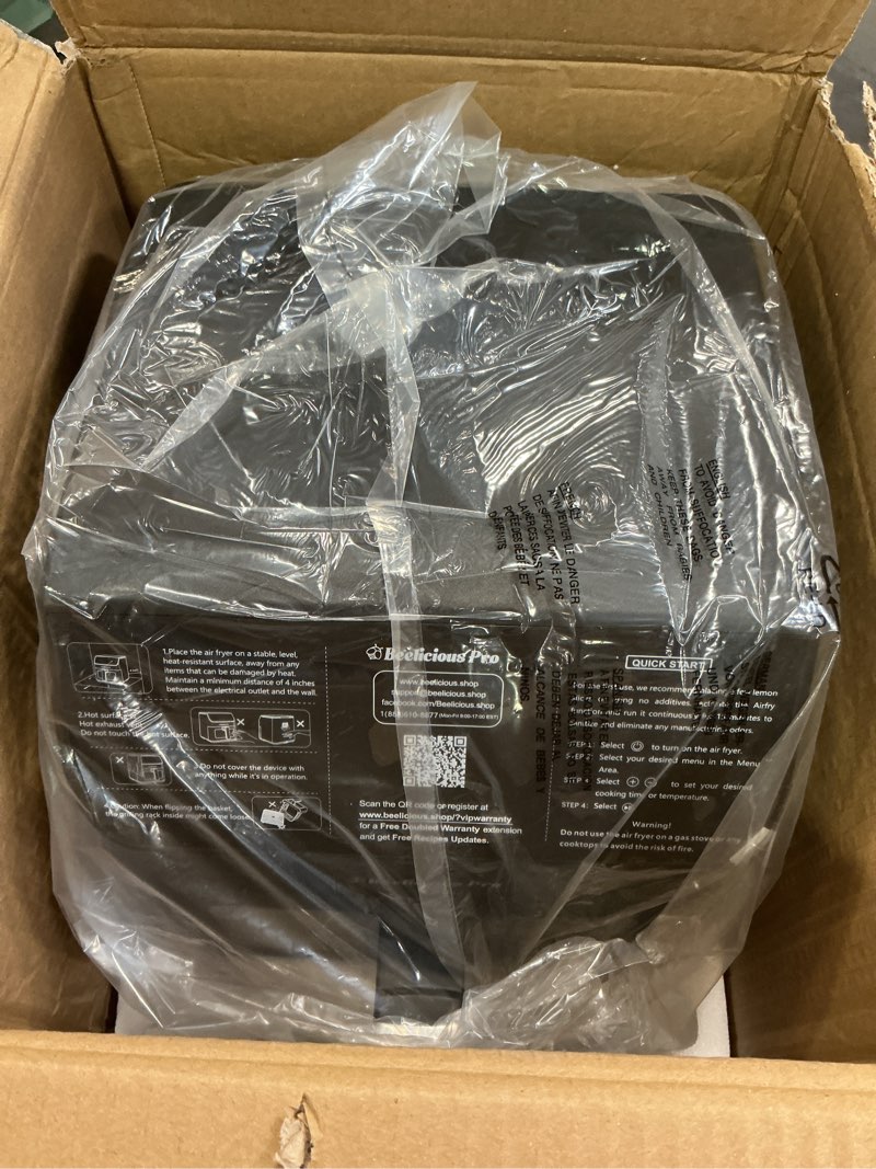 Condition photo showing Good Condition for Beelicious 5.8QT Large Air Fryer, 12-in-1 Digital Airfryer with Clear Window, 40+ Recipes, Flavor-Lock Tech, Shake Reminder, Compact, Quiet, Dishwasher Safe, Nonstick (Black) Dark Black