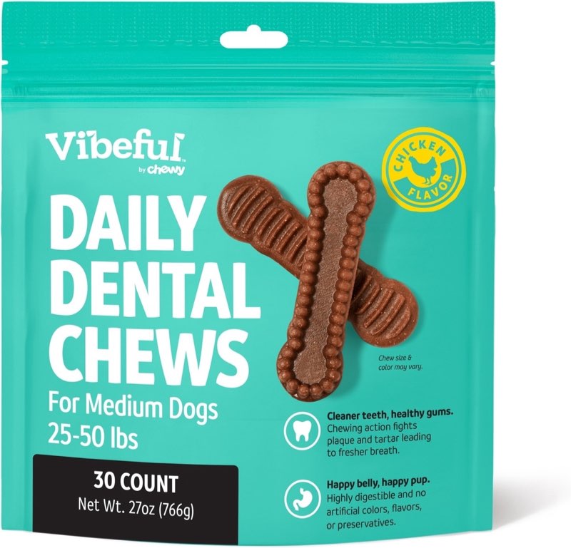 (BBD 03/15/26). Vibeful Medium Daily Dental Chews for Dogs 25-50 lbs Chicken Flavor, 30 count