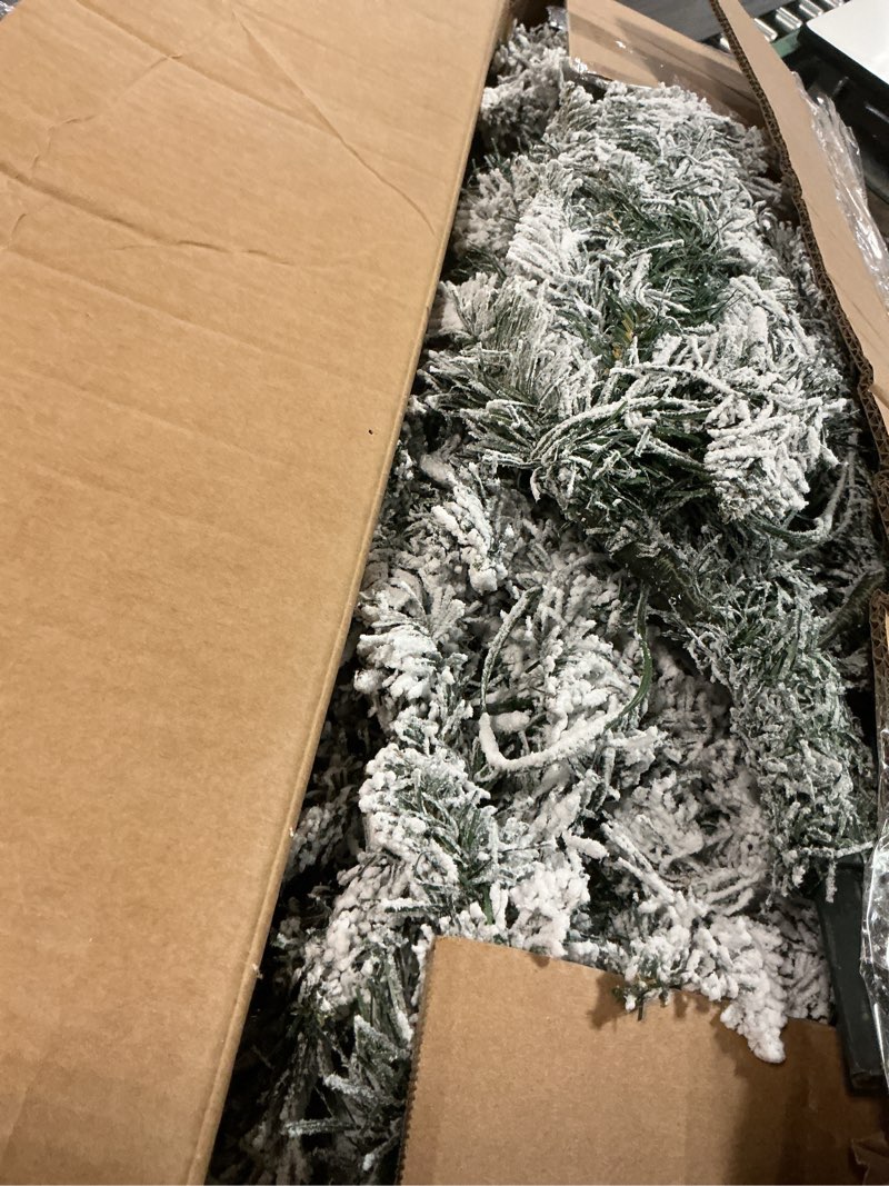 Condition photo showing As Is for 6 FT Prelit Snow Flocked Christmas Tree, Artificial Spruce Christmas Tree with 250 Warm White LED Lights, 850 PVC Branch Tips, Easy Assembly/Metal Stand/Hinged Branches Decoration PVC LED Cleae 6ft