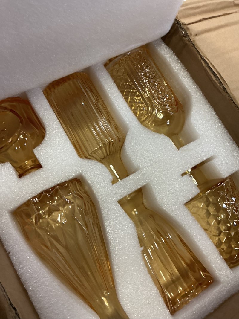 Condition photo showing New/Like New for 12 pcs clear bud vases set, small vintage glass clear bud flower vases bulk multiple shape cute mini glass bottles vases for rustic wedding centerpieces table decorations and home decor (12, gold) 12 pcs gold