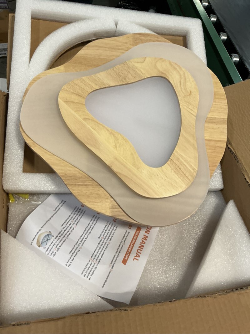 Condition photo showing New/Like New for littleglovo 15.7" modern flush mount led chandelier for dining room, dimmable natural wood petal energy chandeliers ceiling light for entryway bedroom foyer kitchen living room bathroom