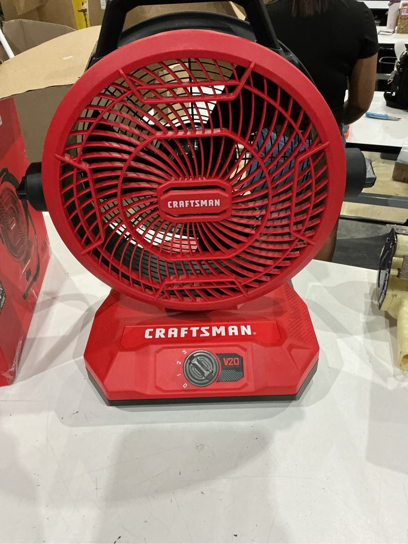 Condition photo showing As Is for craftsman 12-in 20 -volt 3 -speed high velocity indoor red and black industrial fan- battery not included