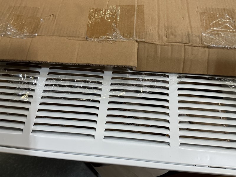 Condition photo showing As Is for ez-flo 14 x 6 inch (duct opening) return air vent cover for wall or ceiling, solid steel return air grille, hvac vent cover, white, 61628