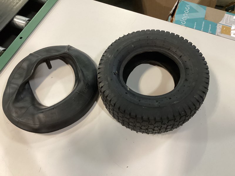 Condition photo showing As Is for 13x5.00-6 tire and inner tube set, tr-13 straight valve stem, replacement riding mower front wheel assembly, 2 pack 13x5.00-6 tire and tube?2 pack?