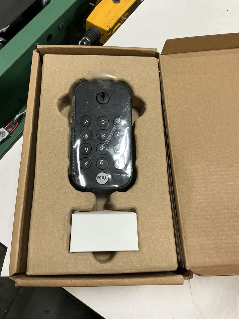 Condition photo showing As Is for smart door lock with bluetooth and pushbutton keypad; black suede