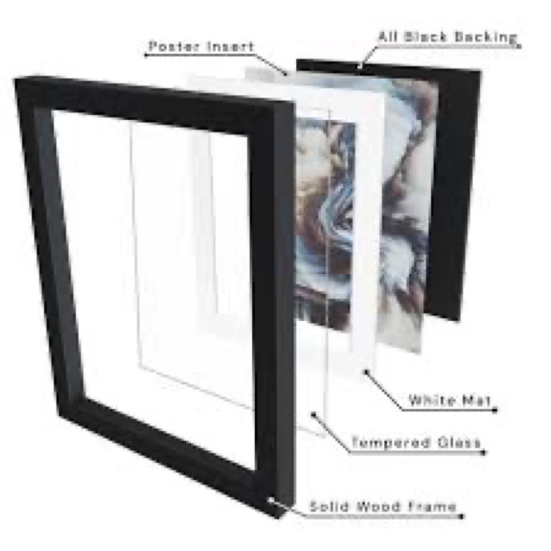 frame amo 24x30 black solid wood poster frame, white mat for 18x24 image, tempered glass front, 1.5
