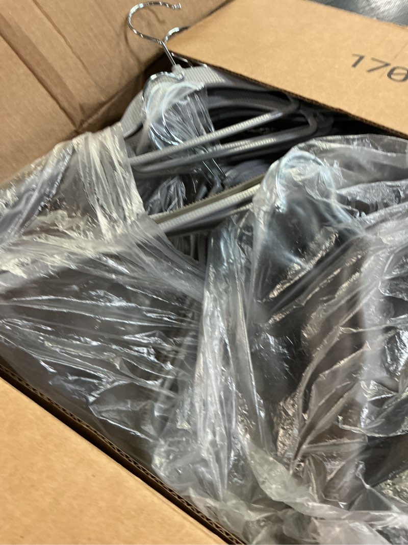 Condition photo showing As Is for HOUSE DAY Plastic Hangers 50 Pack, Grey Plastic Clothes Hangers Non Slip with Rubber Grip, Heavy Duty Hanger with 360° Swivel Metal Hook, Ultra Thin Hangers Space Saving for Closet Organizer 50 Pack Gray + Dark Gray