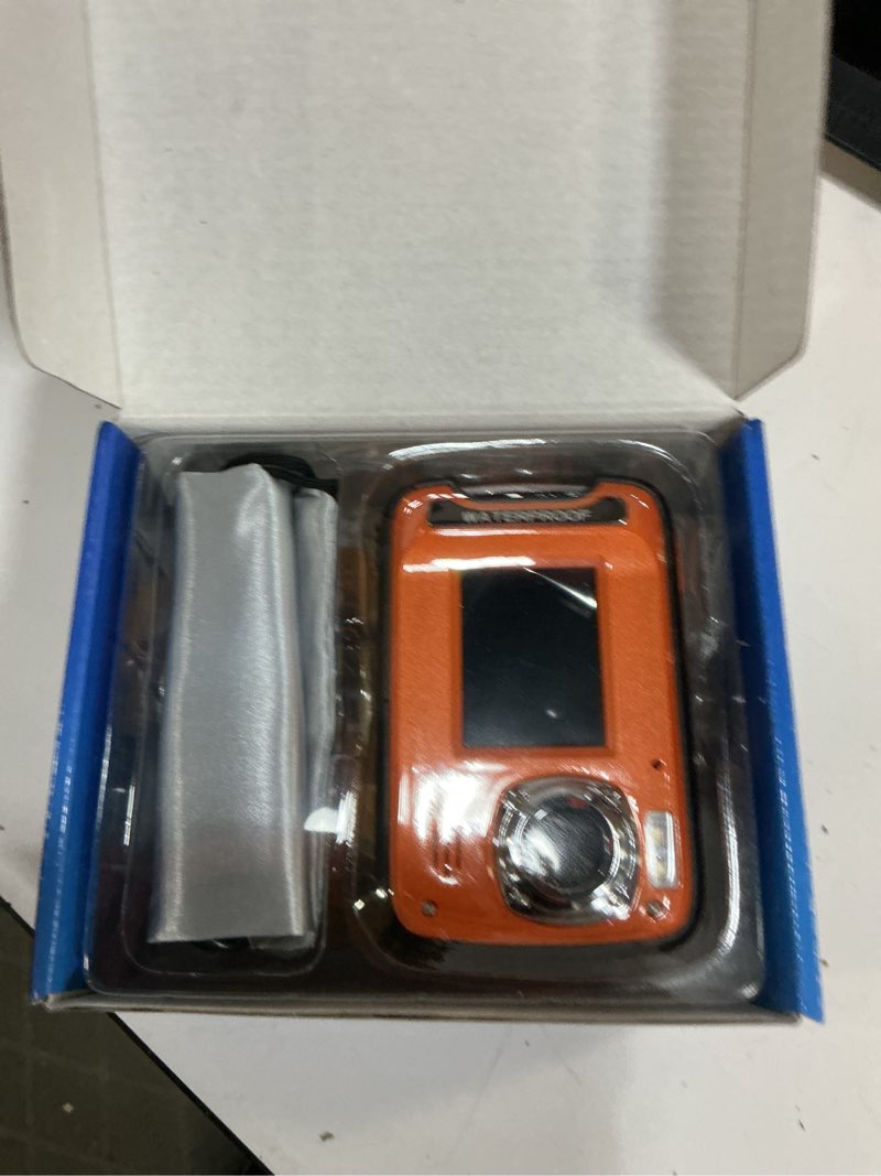 Condition photo showing Good Condition for underwater camera 4k 48mp autofocus selfie dual screen waterproof with floating strap and 32gb card, 17ft compact waterproof digital camera for snorkeling 4k orange