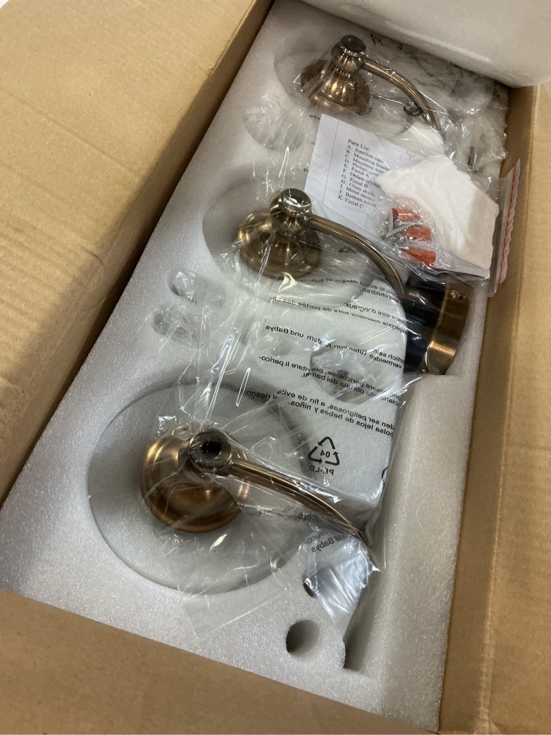 Condition photo showing Good Condition for brushed gold bathroom vanity light fixture vintage style - 3 light g9 bulb compatible, 23" wide bathroom lighting over mirror with hand-etched glass shades, easy mount for makeup area 3 light gold