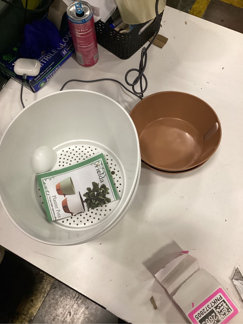 Condition photo showing Good Condition for 2 pack 10 inch plant pots, plastic self watering planters with drainage holes, deep reservoir, water level indicator, modern decorative flower pots for indoor outdoor plants (white, 10 inch) white 10 inch