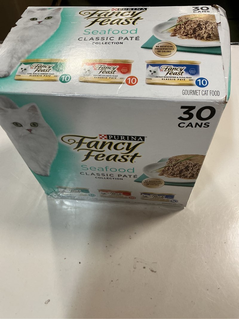 Condition photo showing New/Like New for (Best Before:JUN/2027) Purina Fancy Feast Seafood Classic Pate Collection Grain Free Wet Cat Food Variety Pack - (Pack of 30) 3 oz. Cans