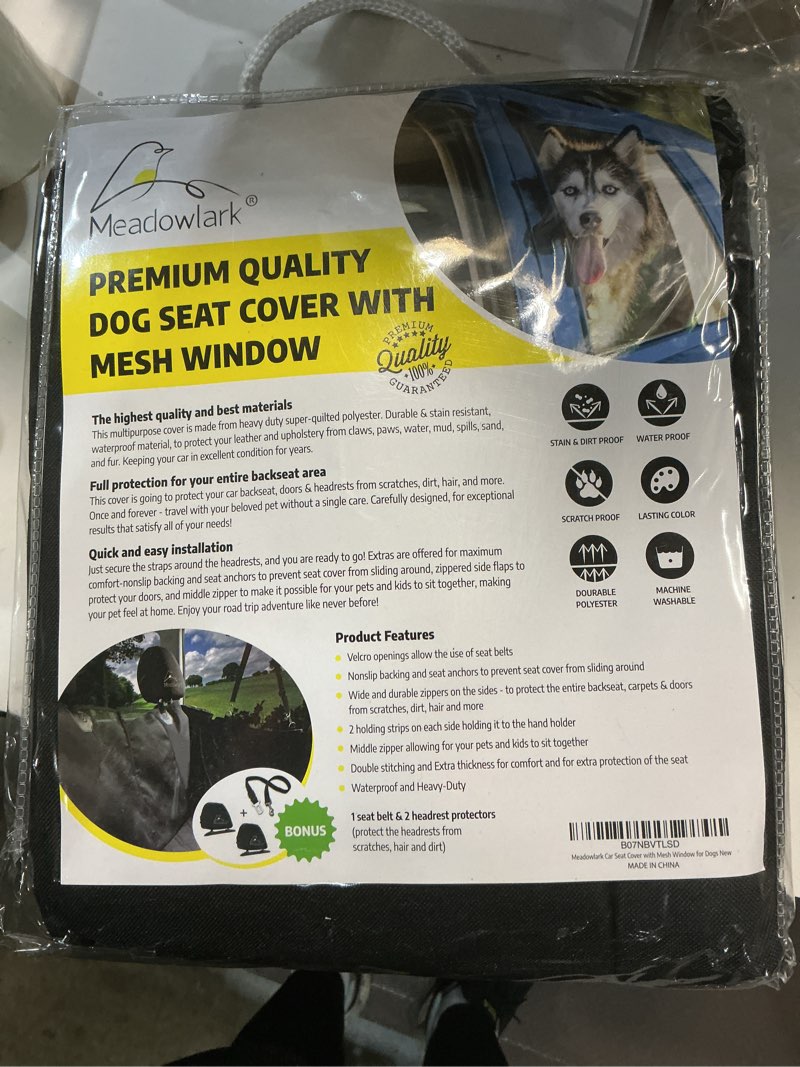 Condition photo showing New/Like New for meadowlark dog car seat cover with mesh window, heavy-duty pet seat cover for back seat, extra padded non-slip dog hammock, water-resistant back seat protector for cars trucks and suvs (54" w x 58" l) 58" l x 54" w without seat belt black / mesh