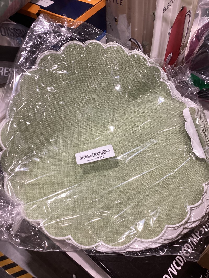Condition photo showing Good Condition for set of 12 sage green cotton placemats 15 inch round scalloped embroidery placemats washable double layered rustic table mat fabric napkins for wedding table decor white edge sage green,white