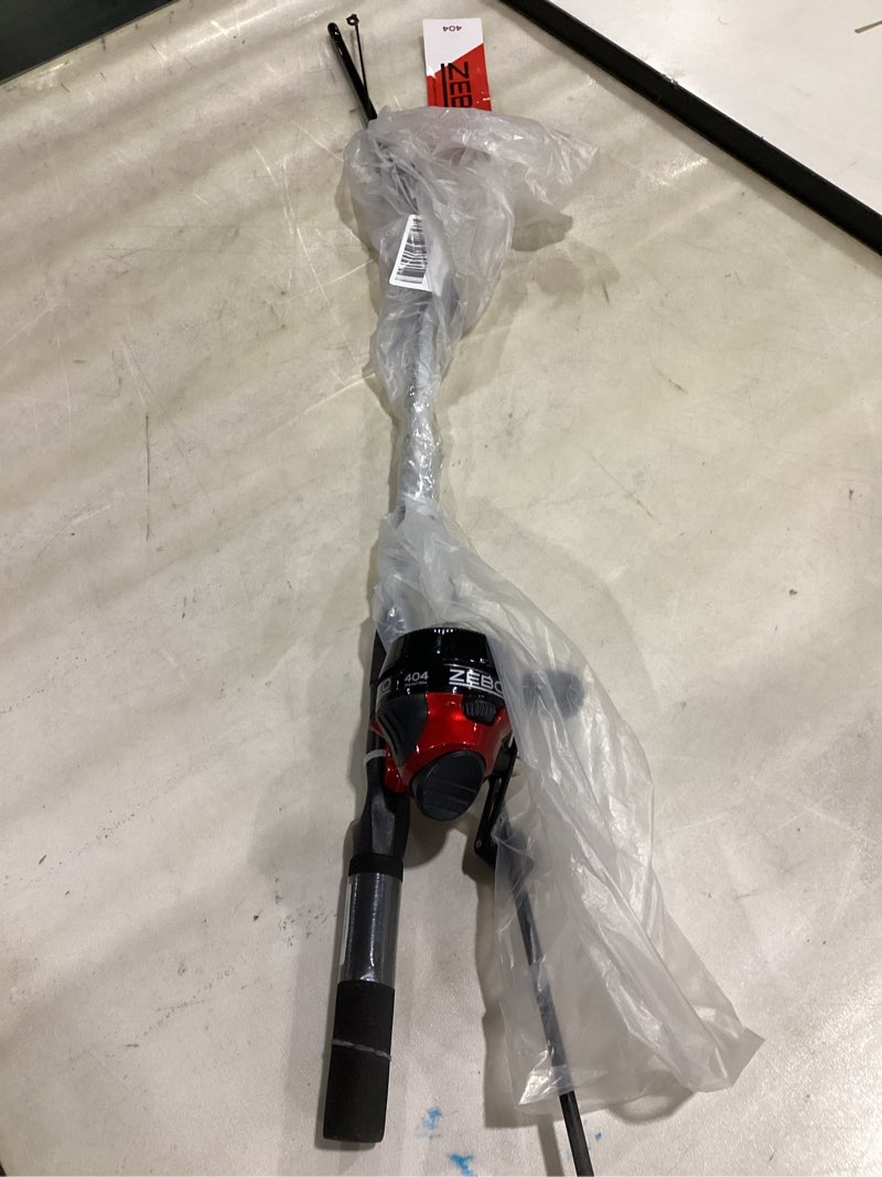 Condition photo showing Good Condition for zebco 404 spincast reel and fishing rod combo, 6-foot 2-piece fishing pole, size 40 reel, right-hand retrieve, pre-spooled with 15-pound zebco line, black/red