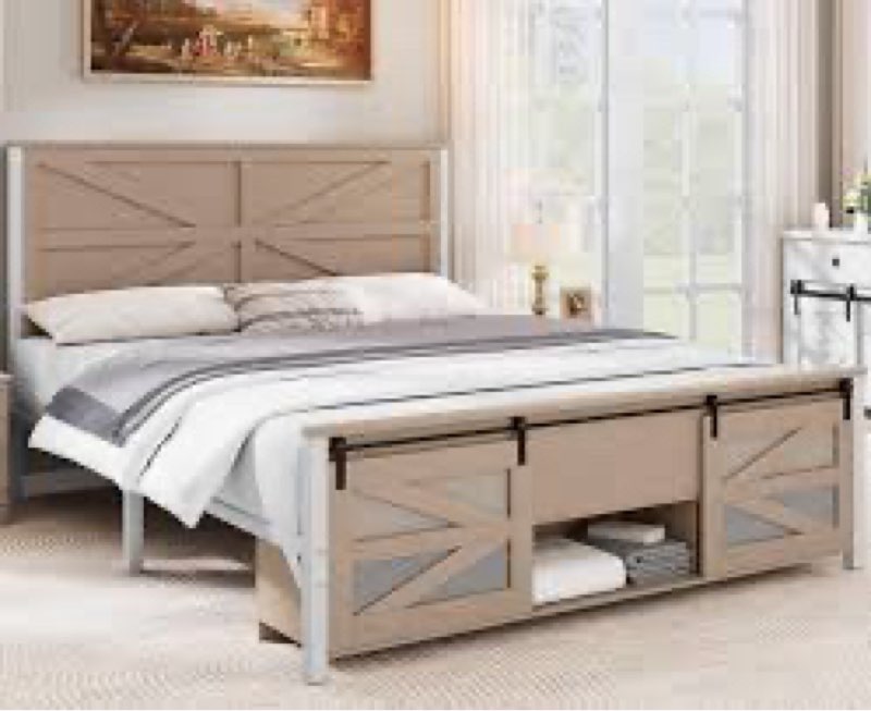 YITAHOME ?Farmhouse King Size Bed Frame with Headboard, Bookcase Storage Shelves, Sliding Barn Door,