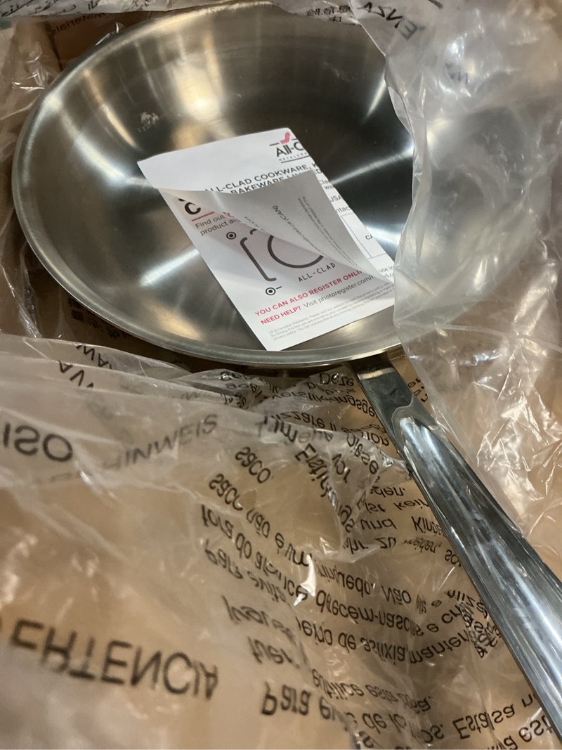 Condition photo showing As Is for all-clad d3® stainless steel 10 inch frying pan covered- made in the usa- the original bonded professional cookware- oven safe & induction compatible 10" stainless steel pan with lid