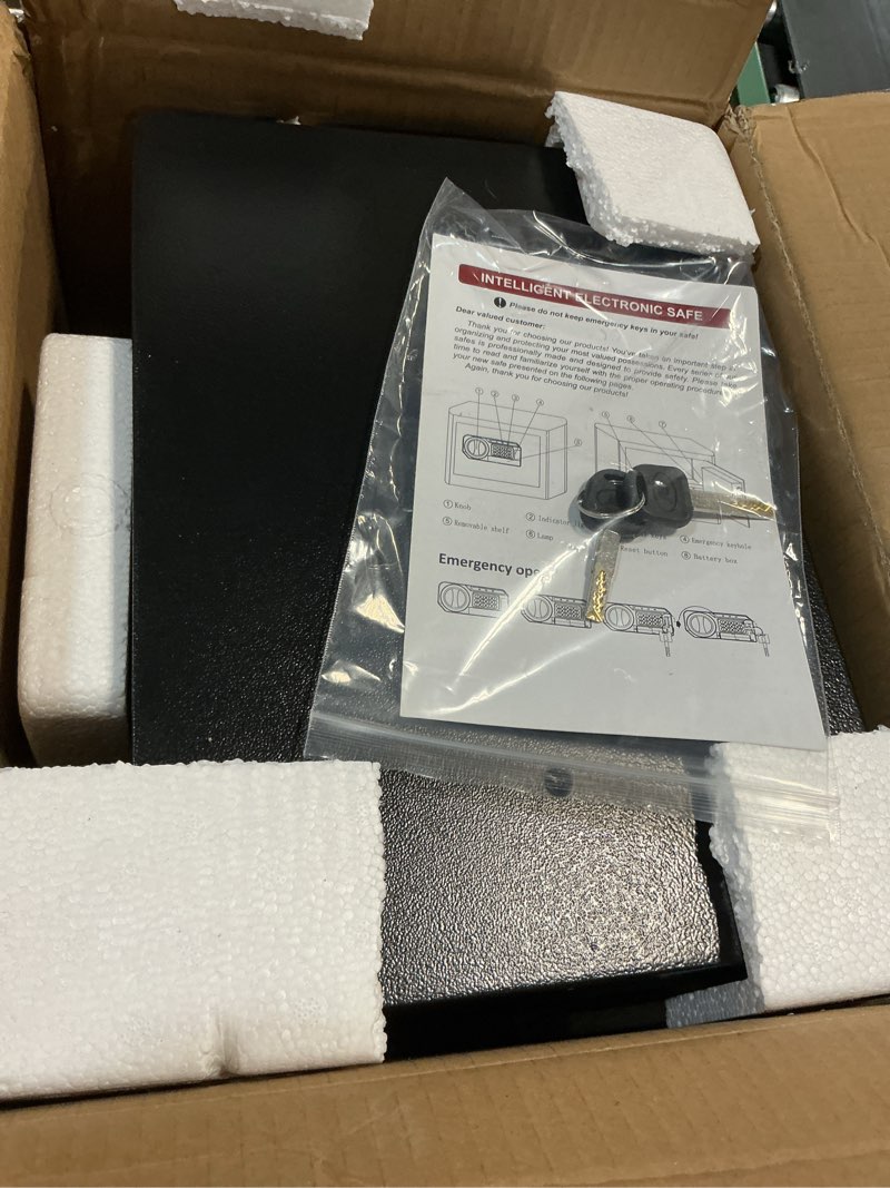 Condition photo showing New/Like New for 1.2 Cub Small Fireproof Safe for Home, Personal Fire Safe Box with Digital Keypad Key and Removable Shelf, Small Security Box for Money Firearm Medicine Valuables 1.2 CUFT