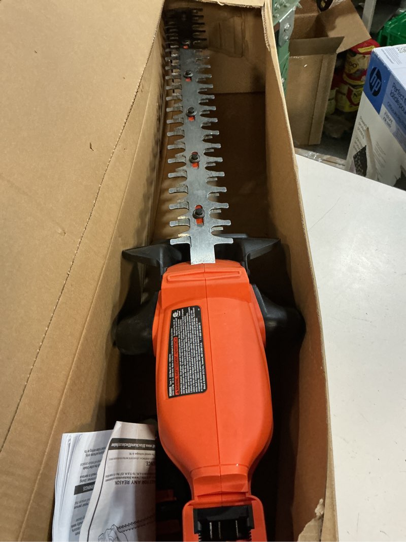 Condition photo showing As Is for black+decker 20v max cordless hedge trimmer, battery and charger included, 22 inch steel blade lightweight bush trimmer, soft grip, less vibration (lht2220)