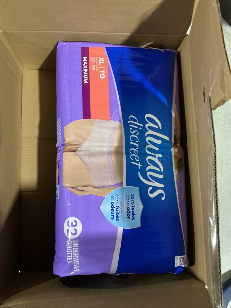Condition photo showing New/Like New for (Incomplete)(1 of 2)Always Discreet Adult Incontinence Underwear for Women and Postpartum Underwear, Extra Large, Up to 100% Bladder Leak Protection, 64 Count (2 Packs of 32) X-Large 64