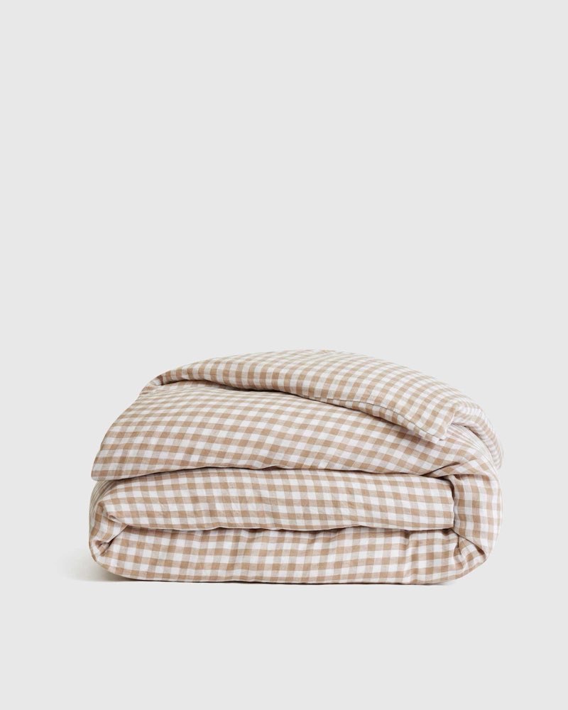 quince european linen gingham duvet cover without sham set cafe color king/calking