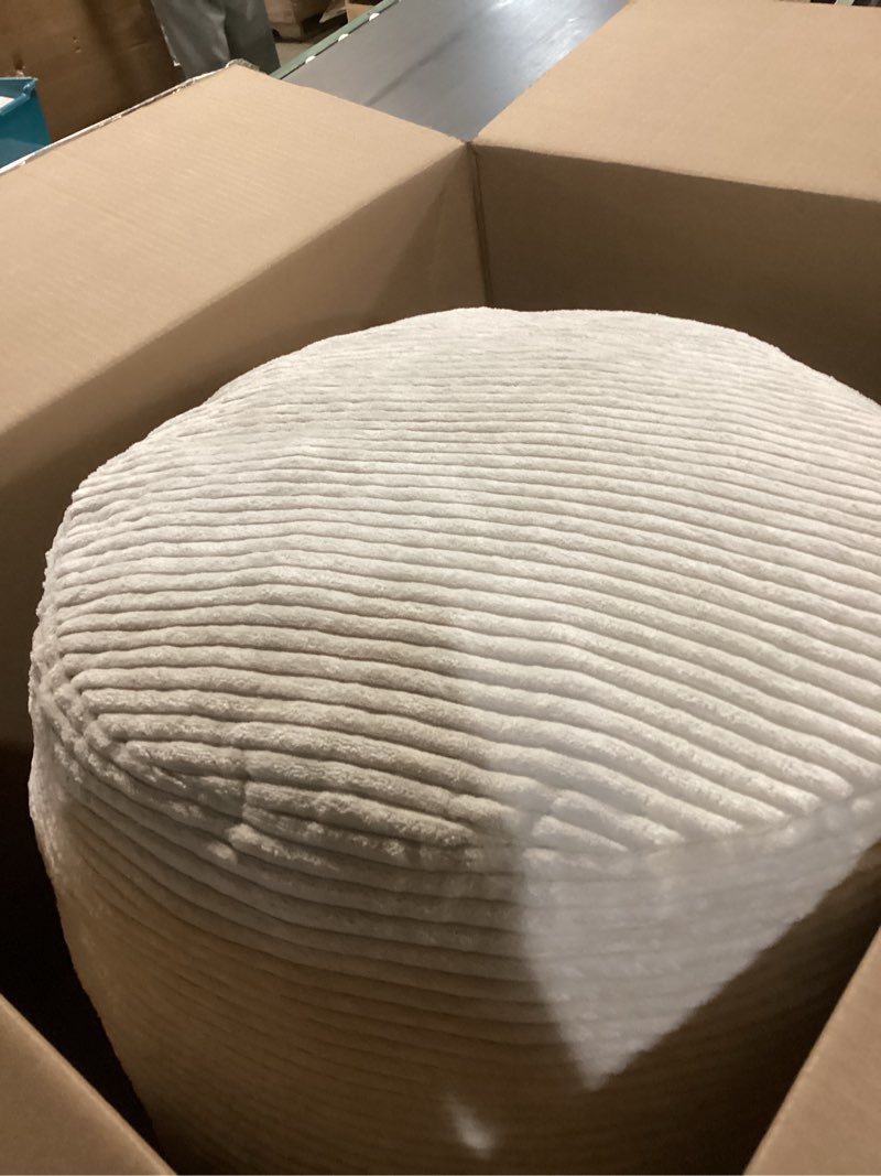 Condition photo showing Good Condition for round pouf ottoman and foot rest, soft boucle footstool ottomans for living room, comfort sponge stuffed poofs for couch desk resting your feet, white(17.1" d x 17.1" w x 14" h) white 17.1"d x 17.1"w x 14"h