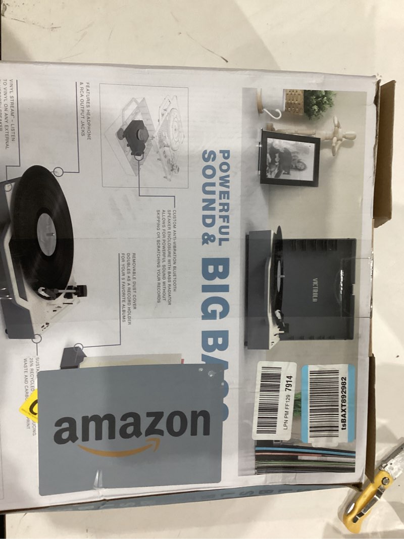 Condition photo showing Good Condition for Victrola Re-Spin – Sustainable Suitcase Vinyl Record Player, 3-Speed (33 1/3, 45 & 78 RPM), Belt-Driven Bluetooth Turn Table with Built-in Bass Radiator, 3.5mm Headphone Jack (Gray)