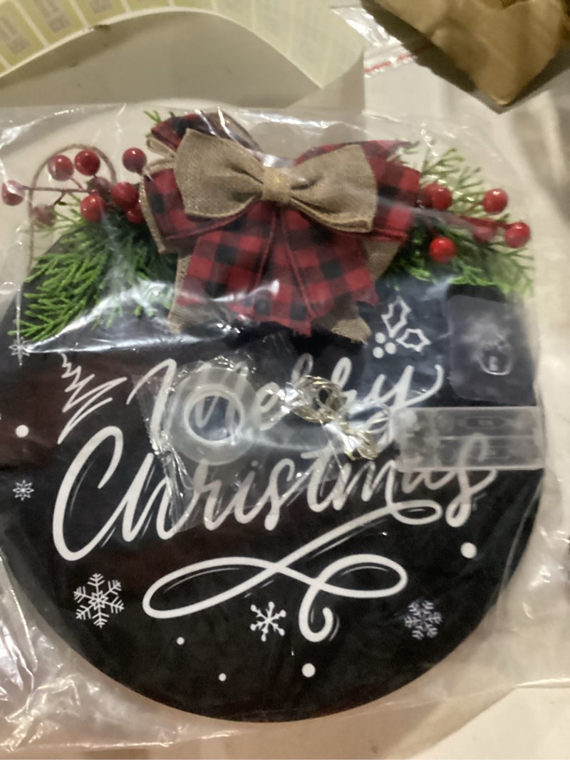 Condition photo showing New/Like New for Christmas Door Sign, Lighted Christmas Wreaths for Front Door, Farmhouse Winter Holiday Wooden Hanging Sign with 30 LED Lights for Indoor Outdoor Porch Wall Window Home Decor