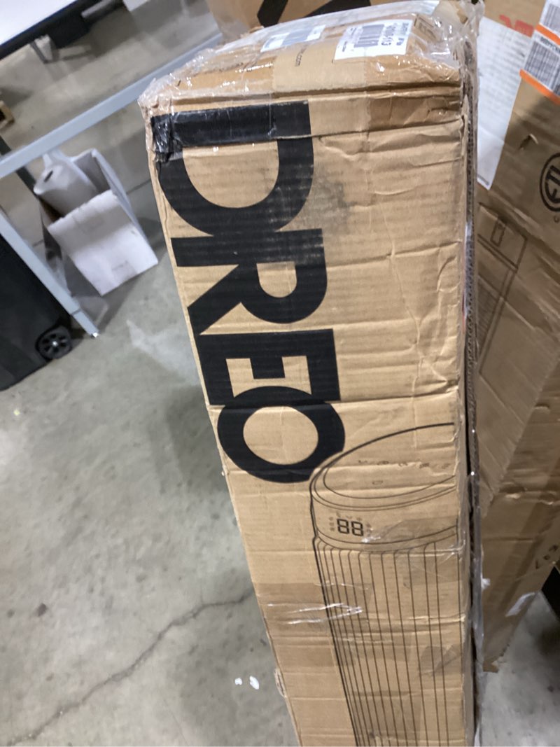 Condition photo showing As Is for dreo tower fan for bedroom, 90° oscillating fans that blow cold air, 5 speeds, 4 modes with 26ft/s velocity, 12h & 28db quiet timer, remote, touch, 40" standing floor fan for home office, black white