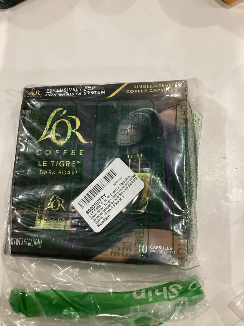 Condition photo showing New/Like New for L'OR Coffee Pods, 10 Count Le Tigre Dark Roast Blend, Single-Serve Aluminum Coffee Capsules Compatible with the L'OR BARISTA System, 10 count (Pack of 1) Le Tigre 10 Count (Pack of 1)