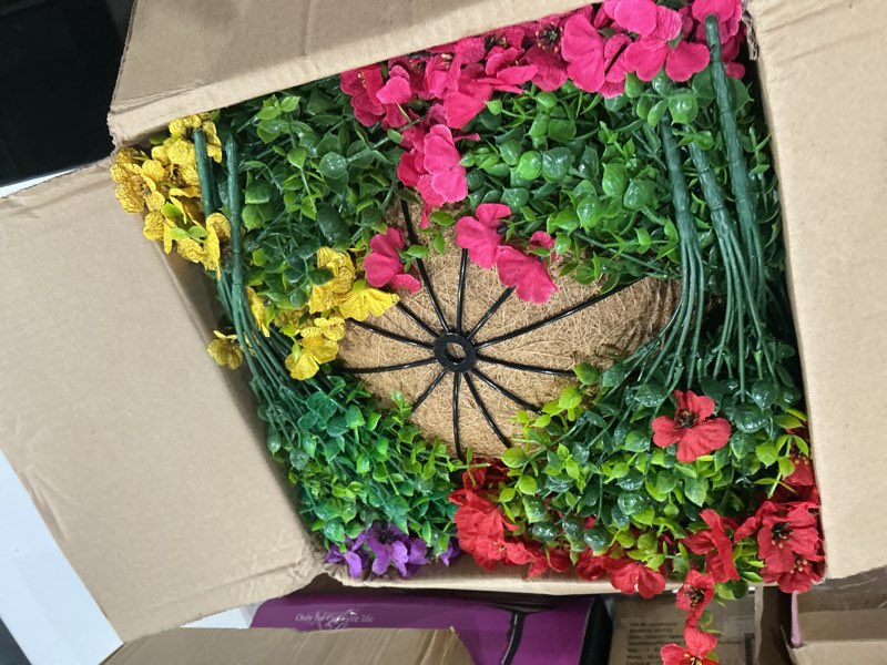 Condition photo showing New/Like New for hyeflora artificial faux hanging plants flowers basket for summer outdoor outside decoration, fake silk uv sun resistant look real colorful daisy eucalyptus for porch home patio balcony yard mix