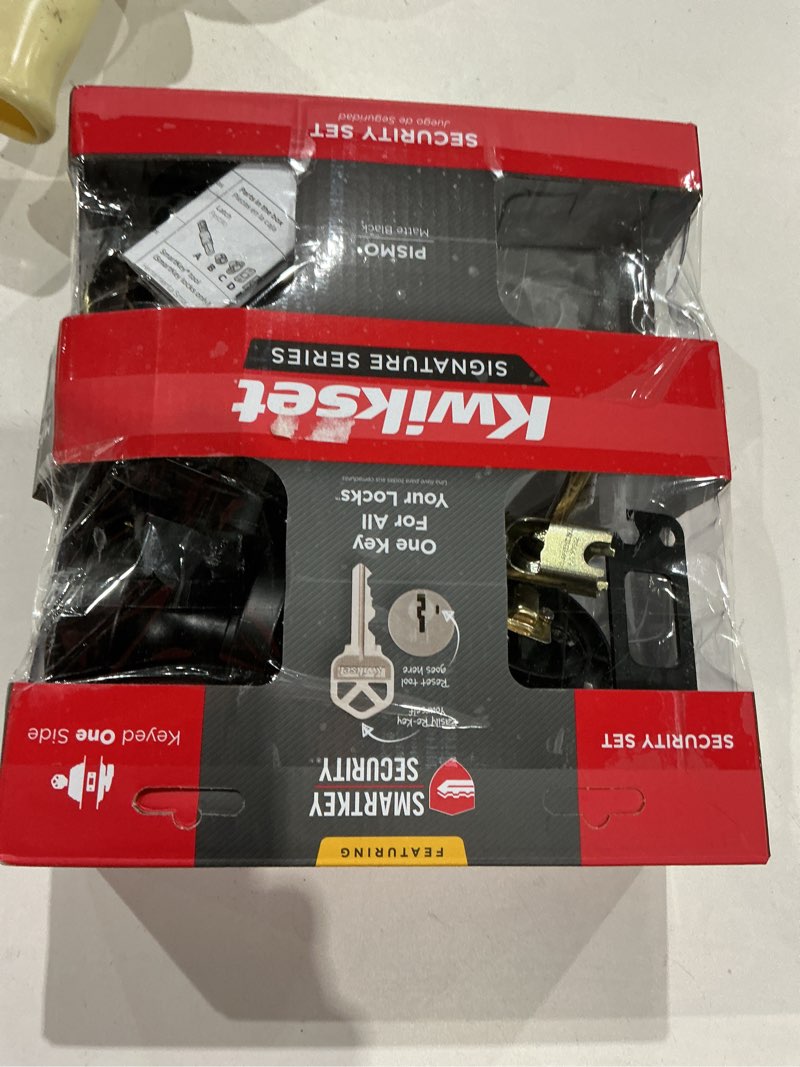 Condition photo showing As Is for kwikset pismo round rose matte black knob door combo pack featuring smartkey security