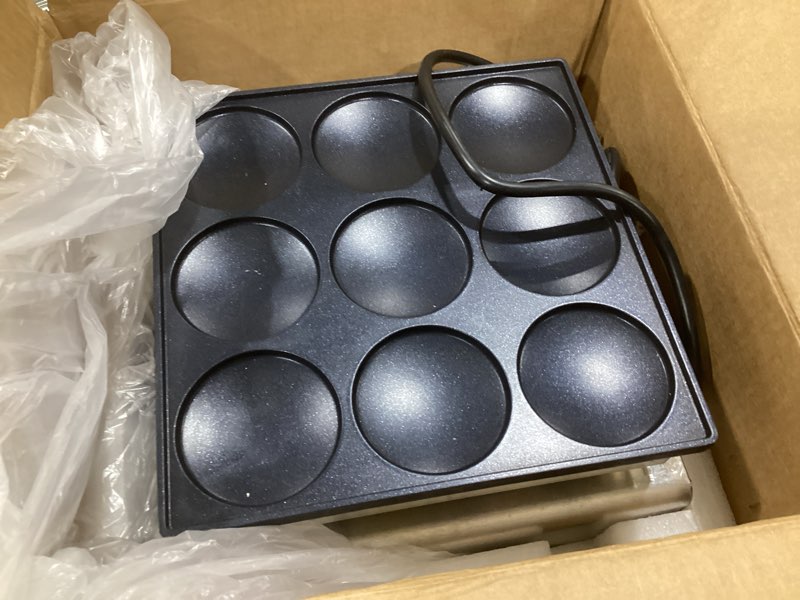 Condition photo showing As Is for mini pancakes maker machine, dutch mini pancake griddle, 9 holes 76mm diameter ? electric poffertjes pan, ideal for breakfast, snacks, desserts & more