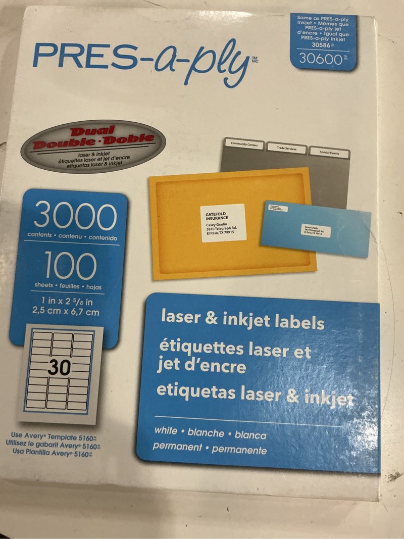 Condition photo showing New/Like New for pres-a-ply laser address labels, 1 x 2-5/8, white, 3000/box 1 x 2-5/8 inches