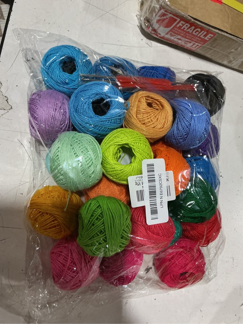Condition photo showing New/Like New for size 3 crochet thread kit cotton threads balls kit 30 popular rainbow colors with free set of 2 crochet hooks and 2pcs knitting needles for beginners and experienced crochet enthusiast