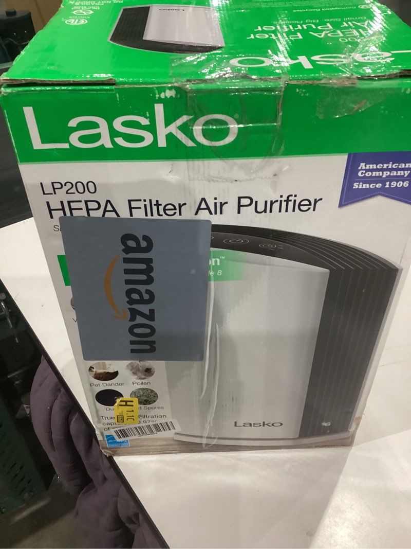 Condition photo showing New/Like New for Lasko LP200 HEPA Desktop Air Purifier with Timer for a Cleaner,Fresher Home Environment –2-Stage Filtration Removes Smoke, Odors, Pet Dander, Virus Sized Particles,Pollen, 14.75" x 7.3” x 10.3”, White