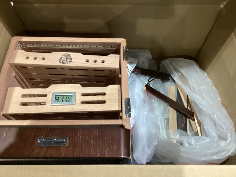 Condition photo showing As Is for XIFEI Cigar Humidor Cabinet, Glass Top & Adjustable LED Lighting, Digital Hygrometer, 2 Humidifiers, Cigar Tube, Desktop Cedar Wood Humidor with Accessory Drawer for 80-100 Cigars, Ideal Men's Gift Dark Brown