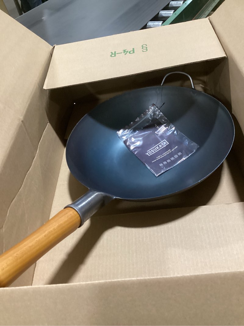 Condition photo showing Good Condition for yosukata 13.5" carbon steel wok pan – pre-seasoned flat bottom pow wok for stir fry, bbq, grill & camping – traditional japanese chinese cookware – compatible with induction, electric, gas, open fire