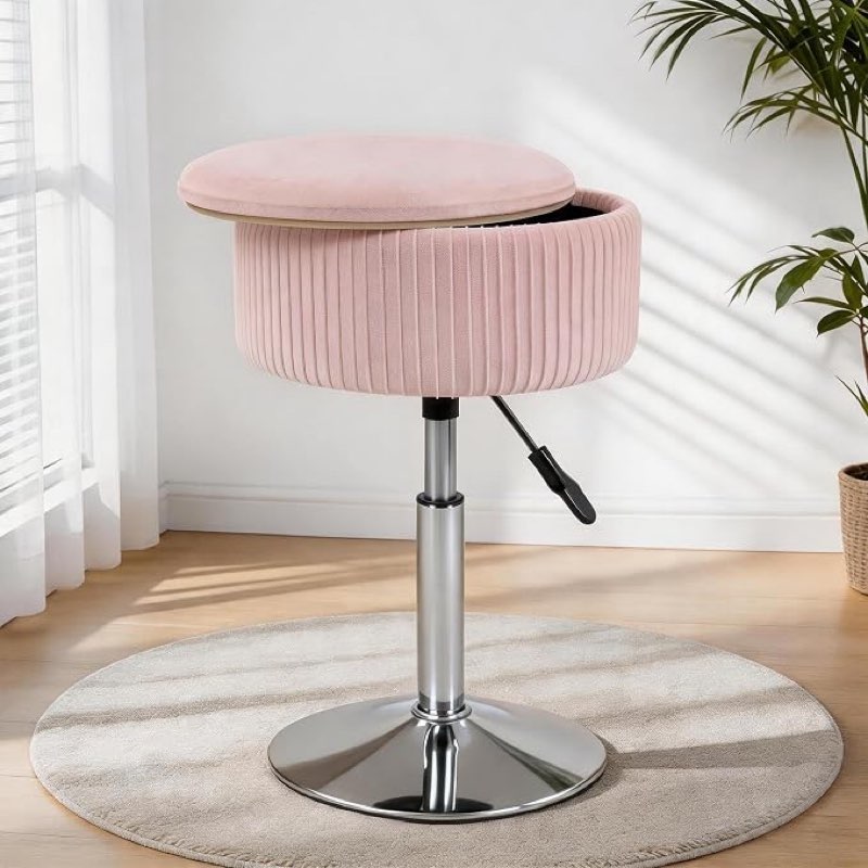 litzfur adjustable vanity stool with storage, 360° swivel vanity chair, velvet small round ottoman footrest for bathroom, makeup room, pink