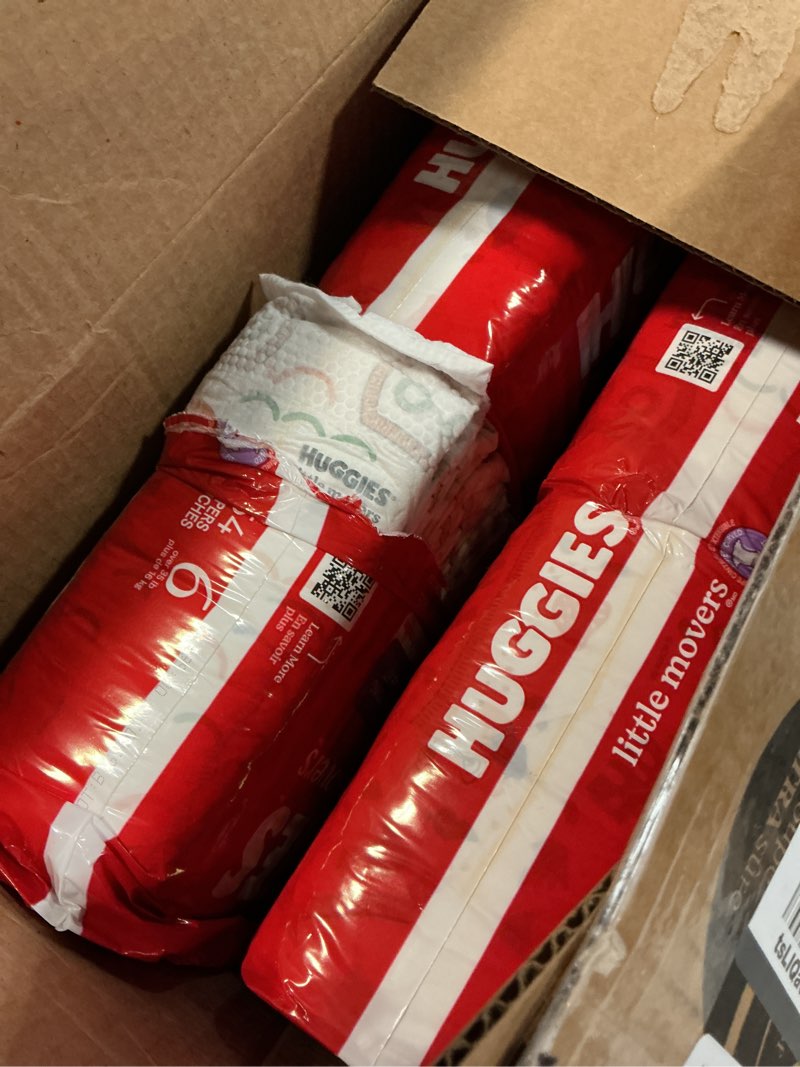 Condition photo showing Good Condition for huggies size 6 baby diapers, little movers huggfit 360° baby diapers with 360° waistband, size 6 (35+ lbs), 104 count (2 packs of 52), packaging may vary size 6 104