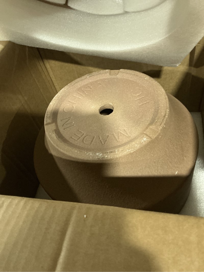 Condition photo showing As Is for LE TAUCI 12 Inch Pots for Plants with Saucer | Ceramic Outdoor & Indoor Planter Pot for Plants | Drainage Hole, Mesh Pad & Plug | Unglazed Porous | Modern for Home, Office and Patio – Terracotta Color Terracotta Color 12 Inch