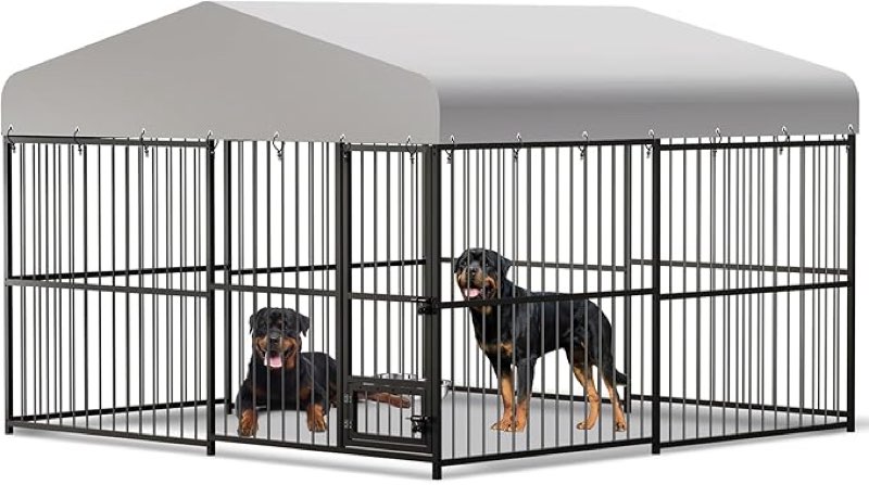 Large Outdoor Dog Kennel, Heavy Duty Dog Cage with Roof, Dog Kennel Galvanized Iron Dog House with Safety Locks,UV & Water Resistant Proof Cover, for Garden Backyard Black 10X10X6FT
