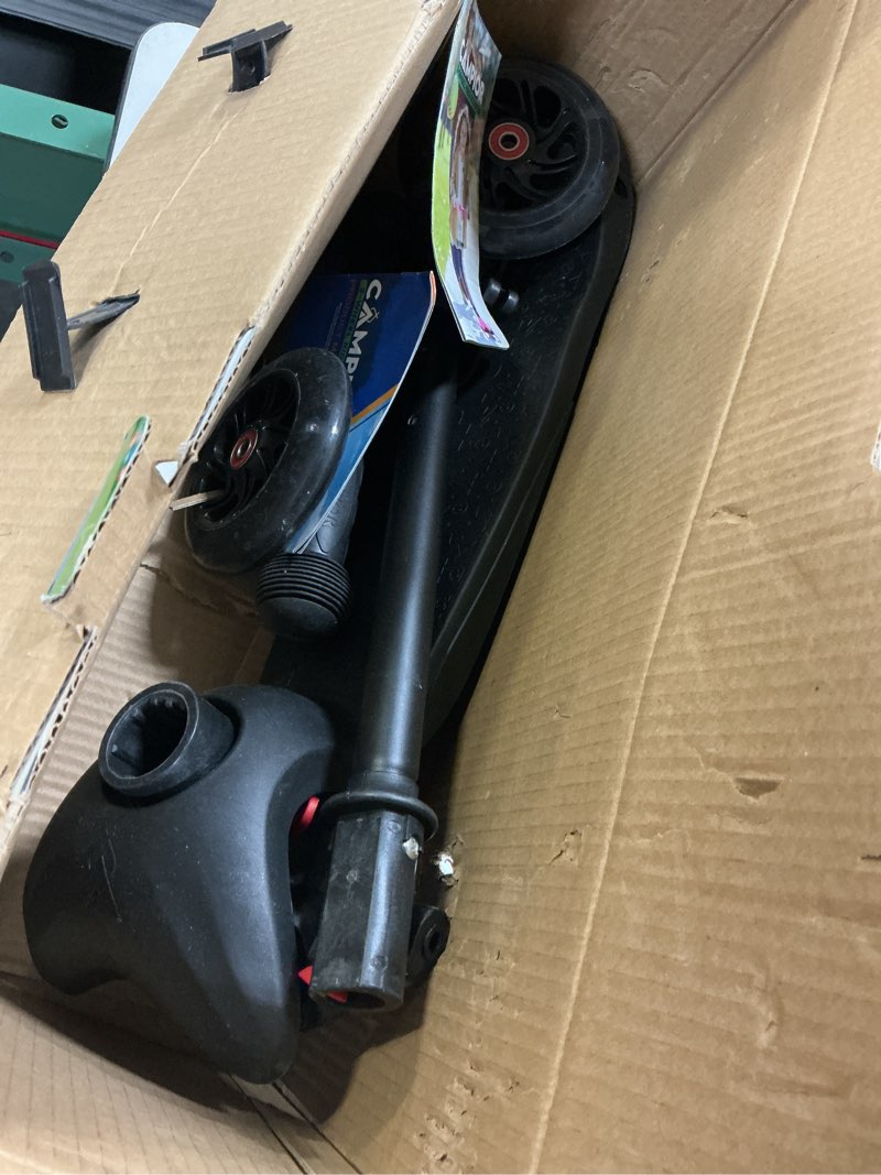 Condition photo showing As Is for black mini 3 wheel scooter for kids – lean-to-steer with led light-up wheels, adjustable handlebar, wide anti-slip deck, smooth pu wheels, rear foot brake – toddler scooter for ages 2+