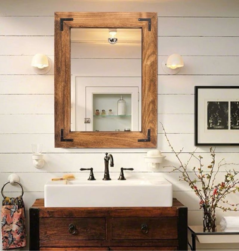 YOSHOOT Rustic Wooden Framed Wall Mirror, Natural Wood Bathroom Vanity Mirror for Farmhouse Decor, Vertical or Horizontal Hanging
