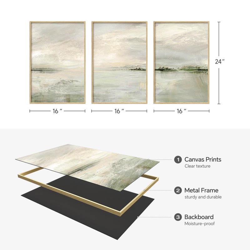 Framed Green Abstract Wall Art for Living Room, 3 Piece Modern Landscape Canvas Prints Paintings Artwork for Walls, Wabi-Sabi Green Paintings for Hallway, Bedroom, Office Wall Decor, 16x24 Inch